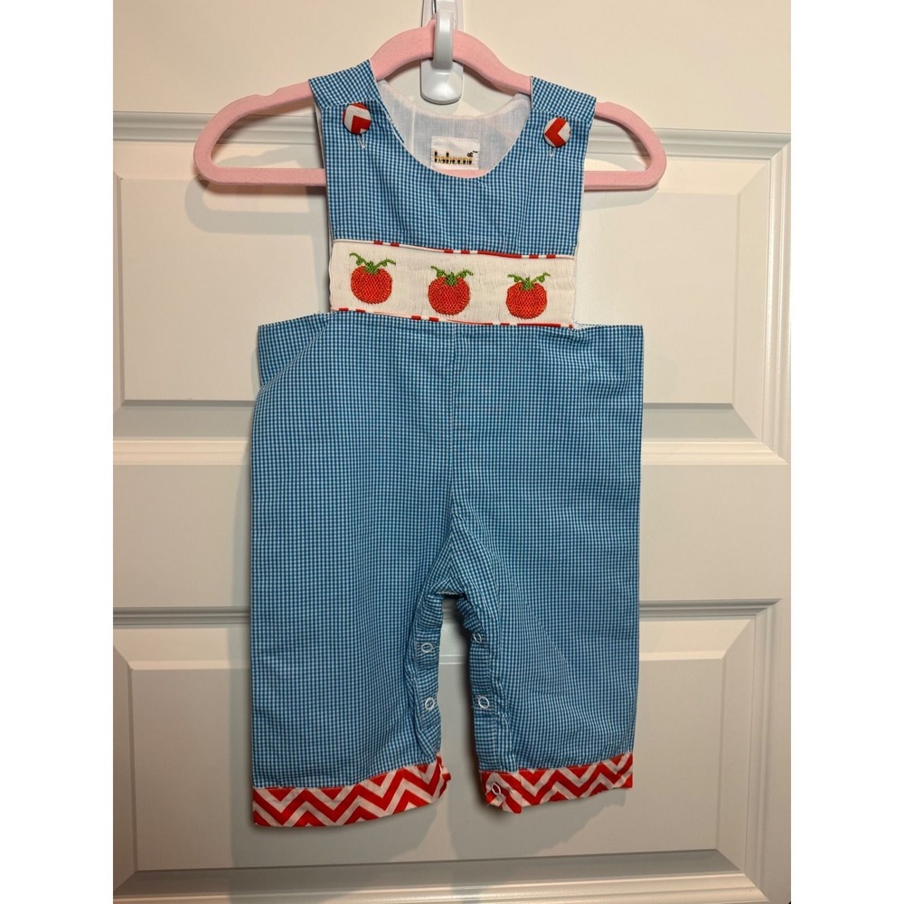 Babeeni Blue Gingham Smocked Pumpkin Longall 9M Cotton Fall Jumpsuit